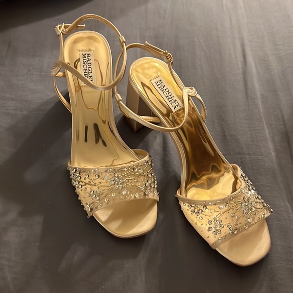 Badgley Mischka Blaine Embellished Block Heel Latte Satin - Picture 8 of 13